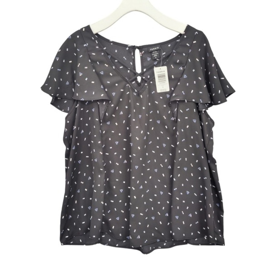 Torrid Womens Nautical Preppy Confetti Boat Blouse‎ 0X L Black Lattice VNeck NEW
